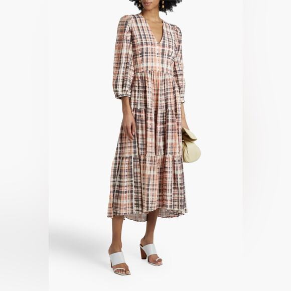 NWT Joie Tobey Peach Espresso Midi V-Neck 3/4 Sleeve Dress Size 6 Small - Picture 1 of 9